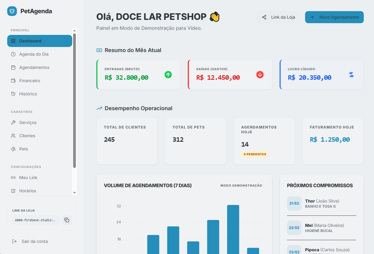 Visualização real do dashboard PetAgenda